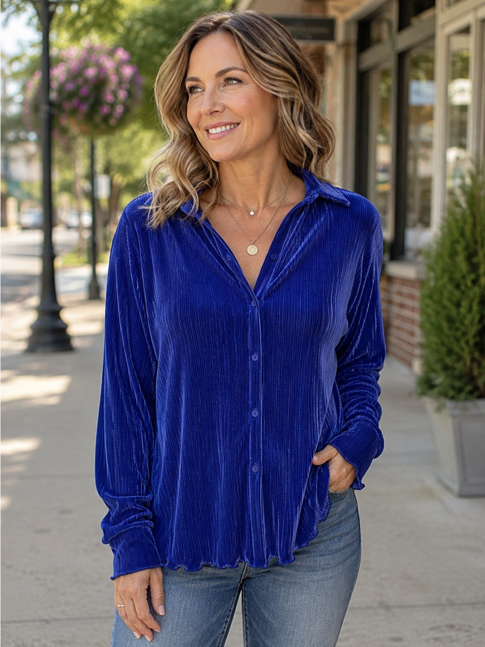 Bailey Rose Women's Royal Blue Pleated Button-Down Shirt